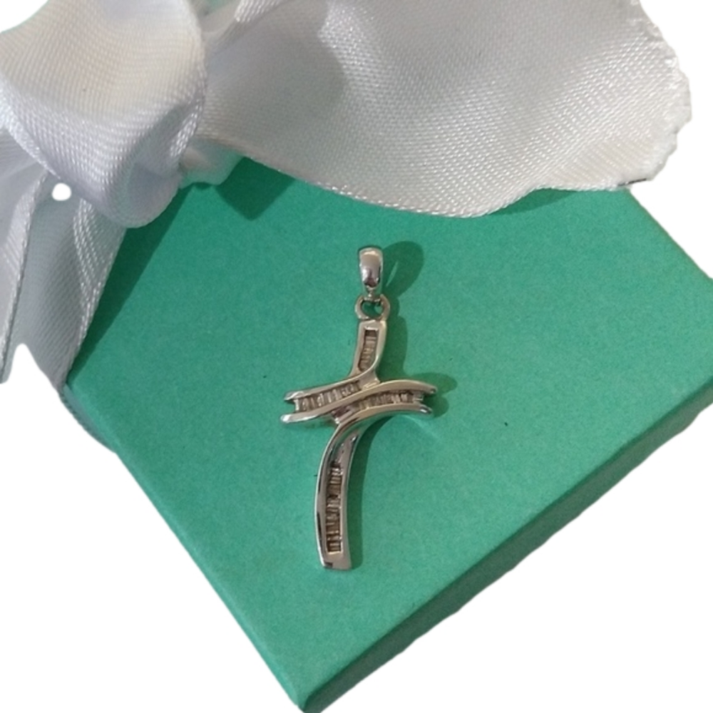 10k White Gold + Channel set Diamonds Cross Pendant